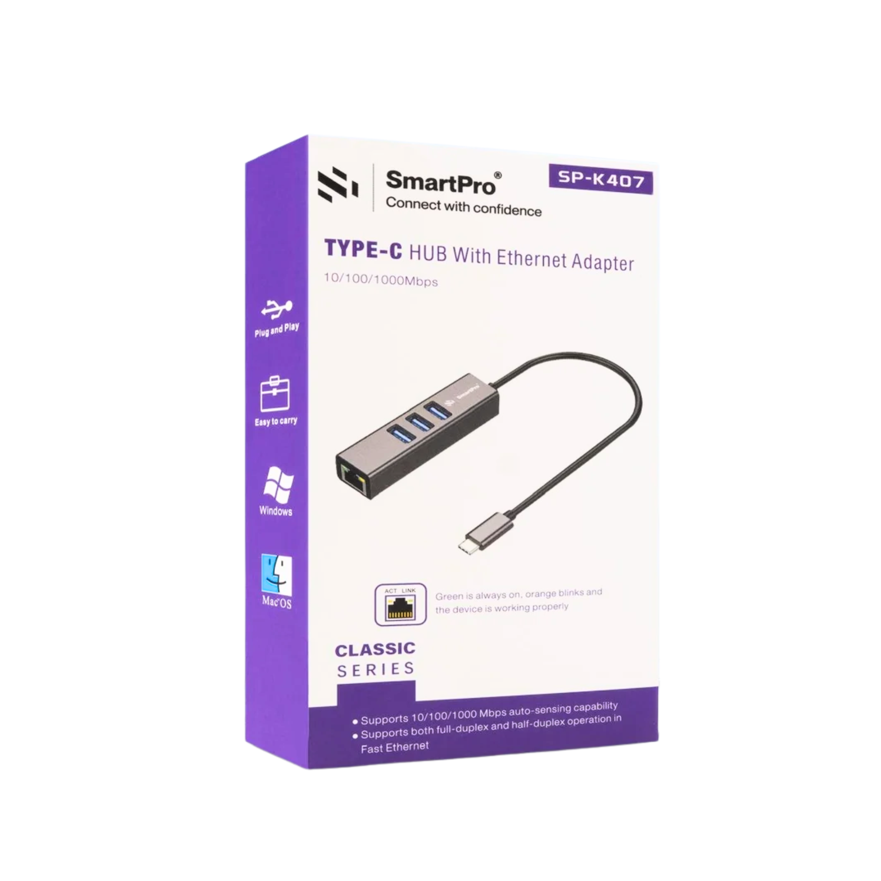 Smart Pro Type-C Hub 3 Ports 3.0 With LAN 1000 Mbps